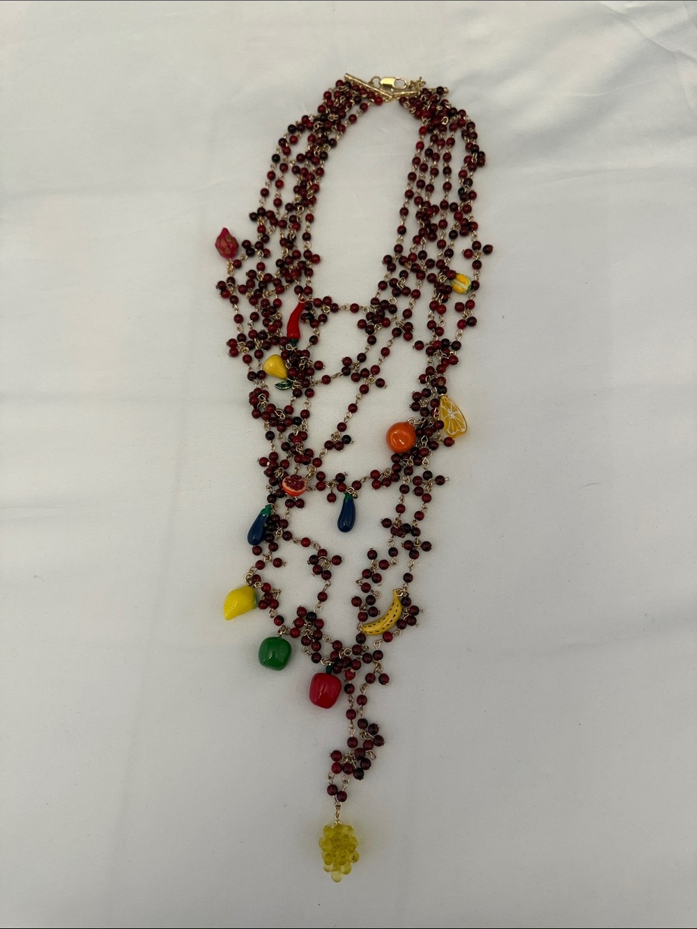 Zara Multi-Strand Red Beaded Necklace with Colorful Fruit Charms